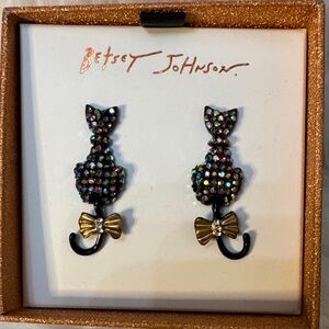 Betsey Johnson Glittering Cat Earrings with Gold Bows